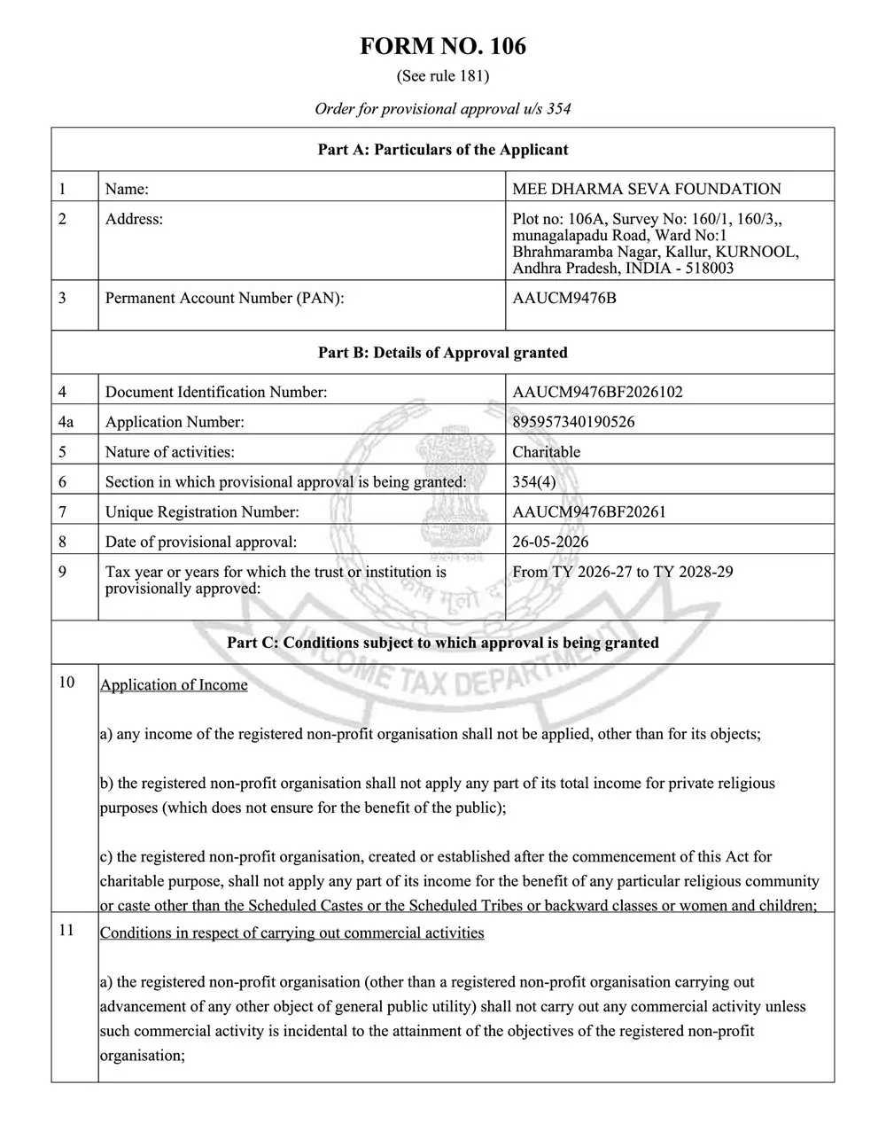 Mee Dharma Seva Foundation 80G Certificate Mee Dharma Seva Foundation 80G Certificate